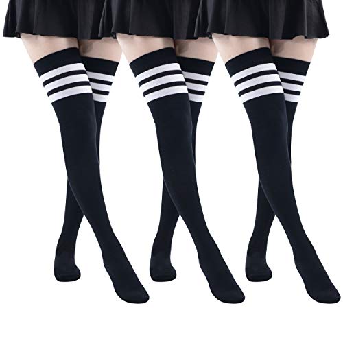 MK MEIKAN Over the Knee High Socks for Women Girls, All Black Thigh High Socks Stockings Cute Funny Leg Warmer School Uniform Long Tube Home Sexy Casual Slouch Socks 3 Pairs (Black)