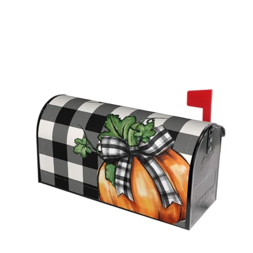 Image of Fall Autumn Magnetic Mailbox Cover Orange Pumpkin Bowknot Buffalo Plaid Checkered Thanksgiving Mailbox Wrap Post Cover Standard Size 21x18 Inch for Garden Yard Outdoor Seasonal Decor