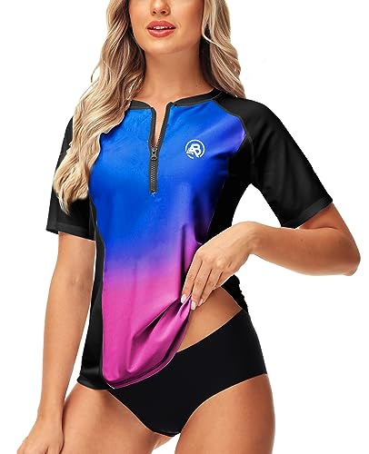 AOBUTE Women Zip Rash Guard UPF 50+ Gradient Short Sleeve Swim Top Surf Shirts2