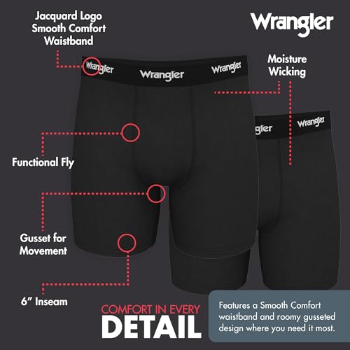 Wrangler Ranger Men’s Active Stretch Boxer Briefs, Moisture-Wicking, 4-Way Stretch, Gusseted Design, 6-Pack4