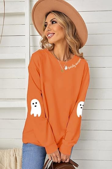 Spooky Season Sweatshirt For Women Halloween Sweatshirt Ghost Fall Long Sleeve Embroidered Pullover Tops - Image 2