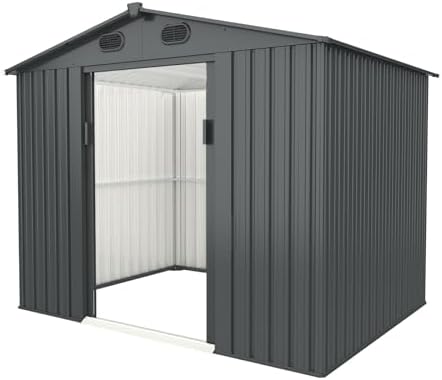 8 x 6 FT Outdoor Storage Shed, Galvanized Metal Garden Tool Shed, Patio Furniture Storage House with Double Slooping Roof, Lockable Door and Vents for Backyard and Patio, Grey