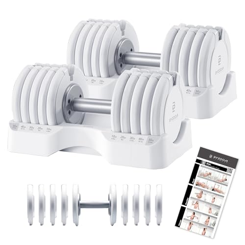 BYZOOM FITNESS Pure Series 50LB Adjustable Dumbbell Set of 2, Weight-Proportional Length 5-in-1 Compact Free Weight, Luxury Minimalist Aesthetics for Home Apartment Garage Gym, White