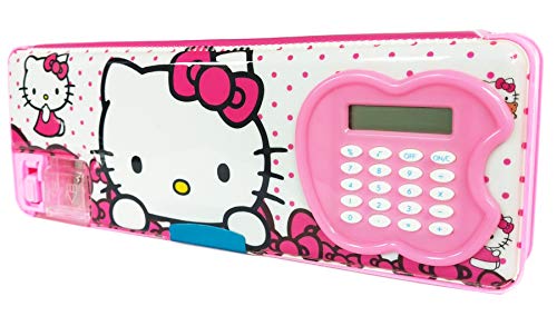 Shifaa Enterprise Boy’s and Girl’s Plastic Multipurpose Magnetic Big Size Cartoon Printed Case Pencil Box with Calculator and Dual Sharpener for School (Hello Kitty Cat Pink)