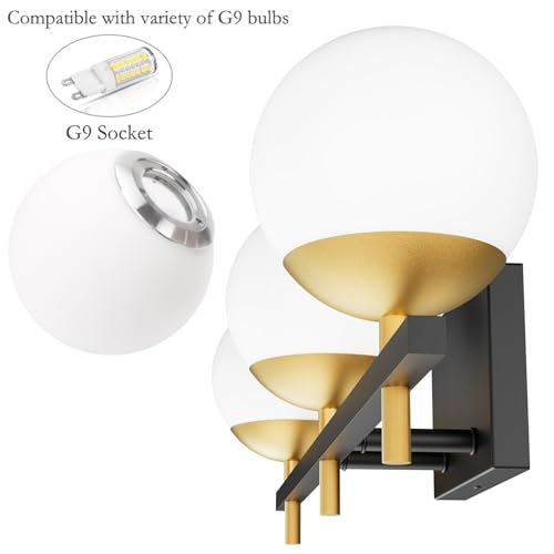 Image of Ralbay Mid Century Modern Bathroom Vanity Lights Black and Gold Milky Glass Modern Bathroom Vanity Lights Over Mirror, Black /Golden 3-Light (Exclude Bulb)