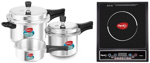 Image of Pigeon Aluminium By Stovekraft Pressure Cooker Combo With Outer Lid Gas Stove Compatible 2, 3, 5 Litre Capacity For Healthy Cooking (Silver) & By Stovekraft Cruise 1800 Watt Induction Cooktop (Black)