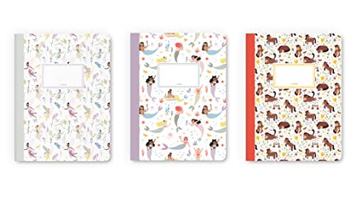 dabelino® Set of 3 Notebooks A5 for Children/Girls: Lined (Mermaid, Fairies/Elf, Horses) - Homework Book, Writing Book, Gift for School Enrolment, School Cone Filling