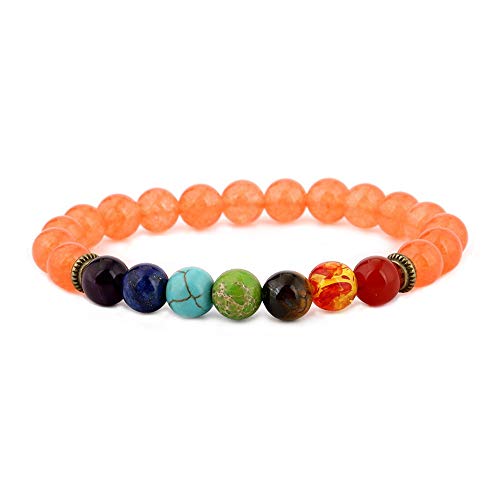 Pulsera Chakra con caja de regalo - Pulsera de curación de ansiedad de piedras preciosas naturales AKIMO, 7 cuentas de piedra Equilibrio de yoga Reiki Lucky Charm Pulsera para mujeres Hombres, naranja