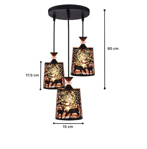 Image of Groeien 3-Light Industrial Black Finish Metal Crystal Hanging Pendant Ceiling Lamp Fixture | Chandelier for Home, Indoor, Outdoor,Living Room, Bedroom(Bulb not Included)(DeerShade3-Set)