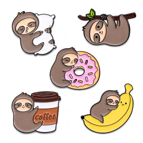 Image of 5Pcs Cute Coffee Cat Sloth Enamel Pin Set Cartoon Animal Coffee Cup Brooch Badges, Funny Lapel Pins for Backpacks, Jackets, Bags, Coffee Lover Gift