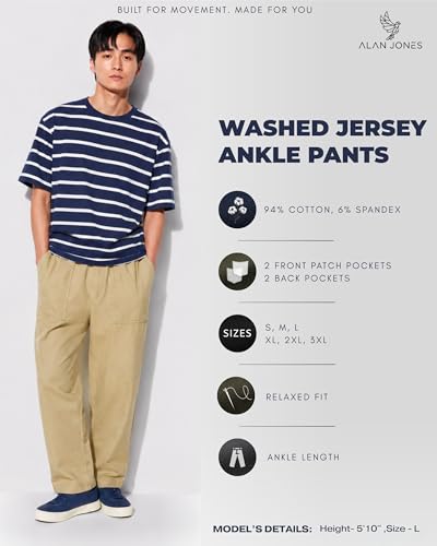 Image of Alan Jones Clothing Mens Washed Jersey Cotton Ankle Pants | Soft Stretch Jersey Cotton | Elastic Waist with Drawstring