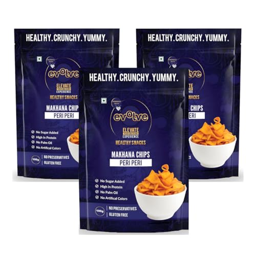 Image of Evolve Makhana Chips Healthy Snacks for Kids, Adults, Gluten Free, Low Calorie, No Palm Oil, Vacuum Fried, Peri Peri Flavor- 100g Pack of 3