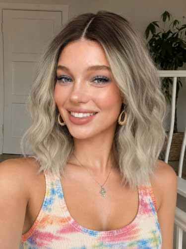Image of Eawwii Wigs for Women Brown to Ash Blonde,Short Wavy Synthetic Lace Wig