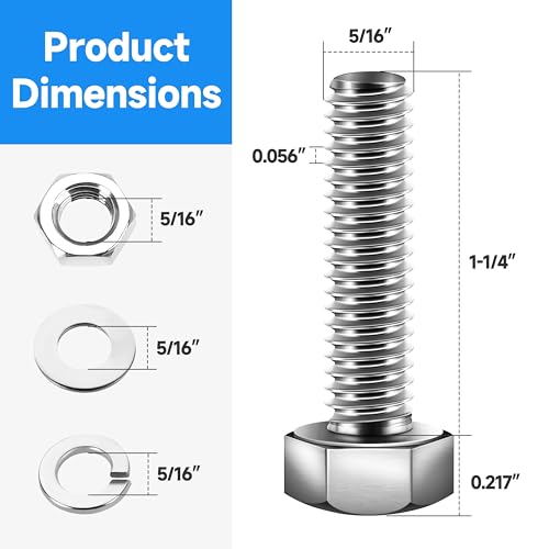 Image of (10 Sets) 3 /8 Bolt, 3 /8-16 x 1-1 /4 inch Hex Head Screws, Assorted Screws Nuts and Bolts with Flat & Lock Washers, 3 /8 Bolts and Nuts Set, 304 Stainless Steel 18-8 by Marysino