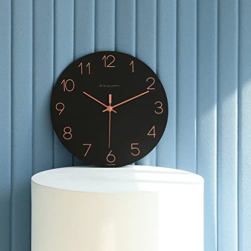 Image of mooas Flatwood Wall Clock (Black),12 inch Non-Ticking Sweep Movement | Decorative Modern Battery Operated Decorative Wall Clock for Home Living Room Kitchen Bedroom Office School Cafe Hotel