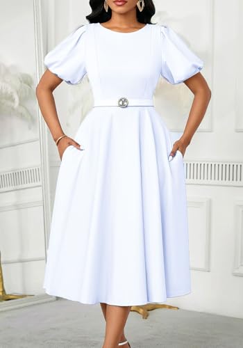 HuiSiFang Women's Elegant Dress High Waisted Ruched Solid Color A Line Puff Sleeve Dresses Pleated Maxi Dress with Belt2