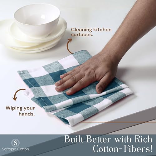 Image of Teal Buffalo Check Plaid Kitchen Towels, 4 Pack, 100% Cotton, 16x26 Inches, Super Absorbent, Quick Dry, Soft, Dish Drying & Cleaning Towels with Hanging Loop, Teal Green and White