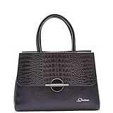 Mezza patta magnetica con stampa coccodrillo, rivelando una tasca con zip e una tasca posteriore con zip per un rapido accesso. L'interno comprende uno scomparto centrale con cerniera, tasche aperte e ulteriori piccole tasche aperte e con zip per l'organizzazione.