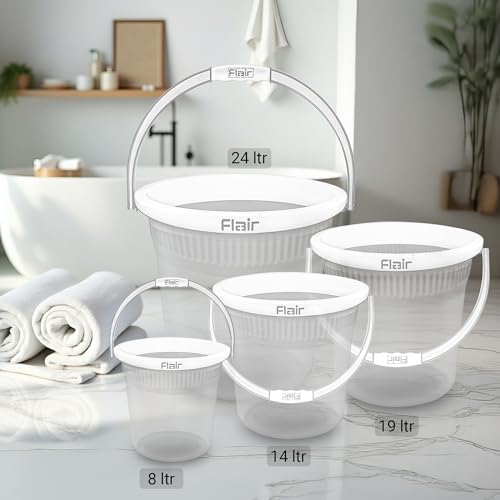 Image of FLAIR Estella Crystal 8 LTR Clear Set of 2 I Plastic Bathroom Bucket | Strong and Durable Water Storage Bucket | Sturdy and Easy Grip Handle | Ideal for Bathing and Everyday Use