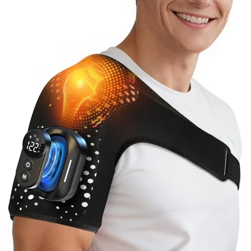 Trunsif Cordless Shoulder Heating Pad with Massage, Portable Heated Shoulder Brace with Magnetic Detachable Remote Control, 5 Heat & 5 Vibration Modes, Adjustable Fit for Men and Women