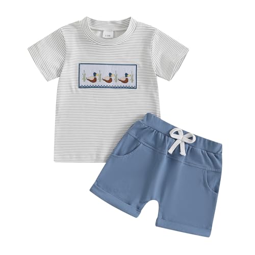 COORALLY Toddler Baby Boy Duck Outfit Short Sleeve T-shirts Elastic Waist Shorts Farm Clothes 2 Piece Summer Set (Blue, 18-24 Months)