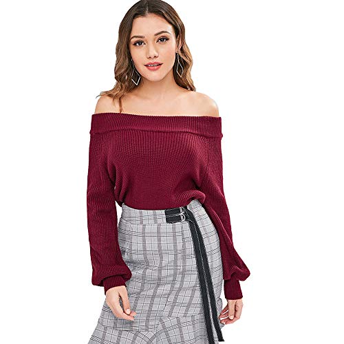 ZAFUL Women's Off Shoulder Knit Sweater Lantern Sleeve Casual Pullover Jumper Crop Top(Wine Red)