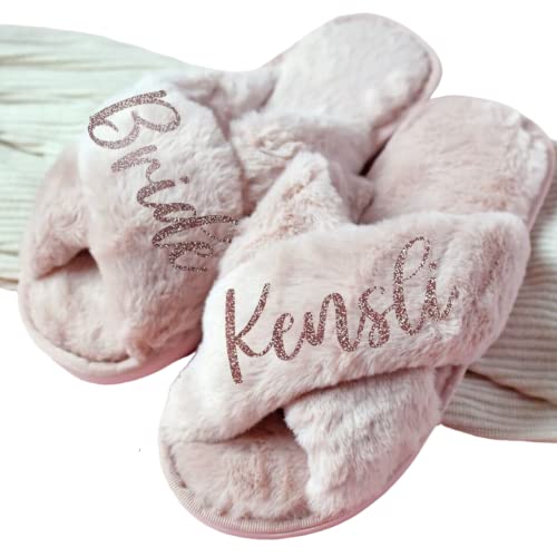 Personalized Fluffy Slippers, Bridal Slipper, Birthday Gifts for Her (L, Blush)