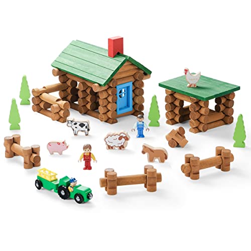 Image of SainSmart Jr. Wooden Log Cabin Set Farm Building House Toy for Toddlers, 122 PCS Classic STEM Construction Kit with Colorful Wood Logs Blocks for 3+ Years Old