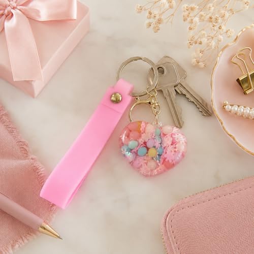 Image of Wanna Party Heart Shaped Beads Keychain with Pink Wrist Strap, Cute Bag Charm Key Ring for Girls, Backpack Accessories, Birthday Return Gifts, Party Favors, School Bag Decoration - 1PC
