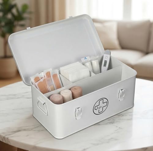 Image of First Aid Box, First Aid Kit Supplies Bin, First Aid Organizer Medicine Storag Box, Metal Storage Box with Safety Lock for Home Emergency Tool Se - White