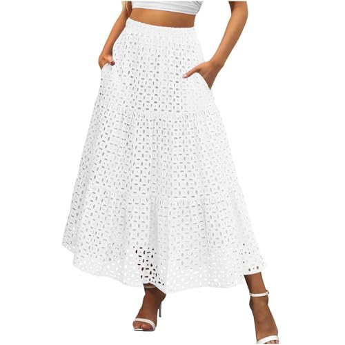 Womens Summer Casual Eyelet Bohemian Maxi Skirt with Pockets Beach Vacation Long Skirt with Mini Underneath