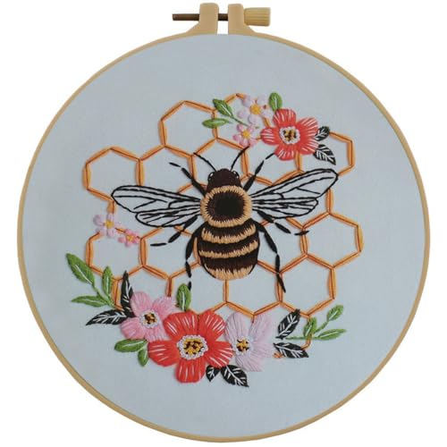 Image of Effaci Embroidery Starter Kit for Adult Beginner - Bee Hive Flower Pattern Hand Embroidery Set with Hoop, Needle, Threader, Floss and Instructions
