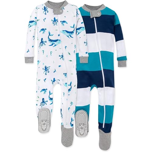 Image of Burt's Bees Baby Boys' Pajamas, Zip-Front Non-Slip Footed Sleeper, Organic Cotton