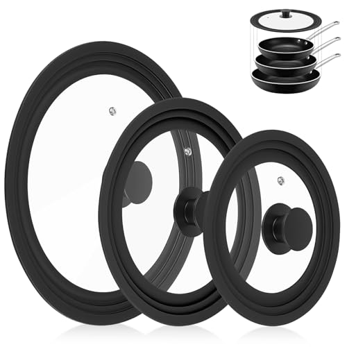 Image of 3 Pack Universal Pan Lids,Replacement Pan Lid Fits 6", 7" 8" & 8", 9" 9.5" & 10", 11" 12" Cookware,Tempered Glass Pan Cover with Heat Resistant Rim for Skillets, Pots, Frying Pans & CrockPot