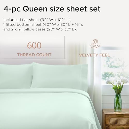 Image of Threadmill Queen Sheet Set | 600 Thread Count Bed Sheets for Queen Mattress with 16 inch Deep Pocket | Sateen Weave 4-Piece Bedding Set with Cooling Effect | Seaglass