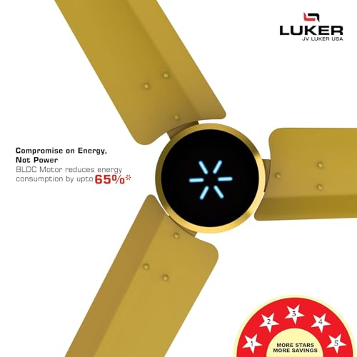 Image of LUKER JVLuker USA Aerozen Prime 1200mm BLDC Ceiling Fan | IR Remote | BEE 5 Star | Power Saver upto 65% | High Air Delivery | U-LED Speed Indicator | Reverse Mode, 3 Years Warranty, Black Yellow Gold