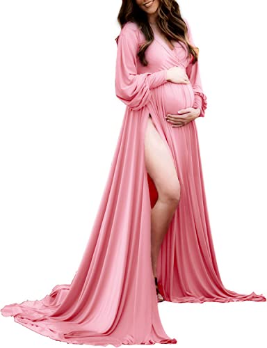 Image of ChoiyuBella Maternity Gown Bishop Sleeves Baby Shower Dress Wrap Side Slit Sweetheart Maxi Photo Shoot for Photography
