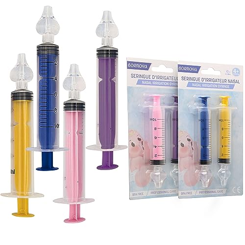 BORNOVA Baby Nasal Irrigation Syringe Baby infant nasal aspirator Nose cleaner BPA-Free Nasal Irrigation Kit for Babies Baby nose sucker nasal hygiene nasal washing 10 ml 4 PCS Blue Yellow Purple Pink