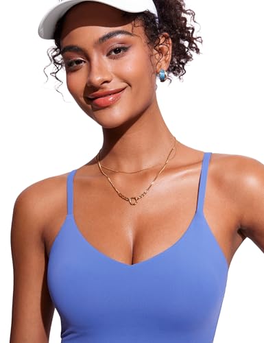 Image of CRZ YOGA V Shaped Longline Bikini Tops for Women - Padded Cropped Adjustable Spaghetti Straps Swimsuit Athletic Bathing Suit Wild Indigo Small