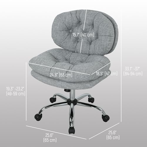 HOMCOM Wide Seat Office Chair with Smooth Wheels, Armless Computer Desk Chair, Height Adjustable Swivel Fabric Vanity Seat for Office, Grey - Image 4