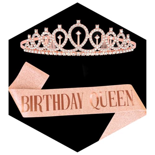 CAVETEE Rose Gold Birthday Queen Sash and Crown Rhinestone Headband Hair Accessories Shiny Tiaras with Sash Glitter Tiara Set Birthday Party Decorations Party Favors Photo Props Gifts for Women