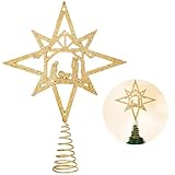 Daifunli Gold Christmas Tree Topper Nativity Scene Bethlehem Star Tree Topper Wooden Star Tree Topper Christmas Tree Ornaments Xmas Table Decor for Indoor Winter Holiday Party Supplies