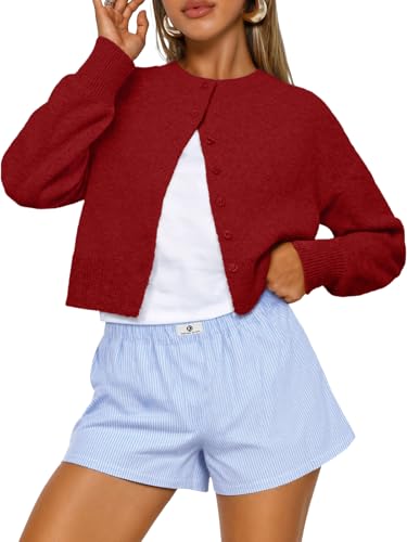 Trendy Queen Cropped Cardigan Sweaters for Women Lightweight Crop Cotton Knit Y2k Fall Outfits Fashion Clothes 2025 Red S