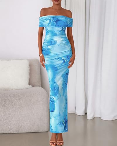 Image of BTFBM Cocktail Dresses for Women 2026 Elegant Classy Off Shoulder Bodycon Mesh Slit Floral Maxi Spring Summer Dress