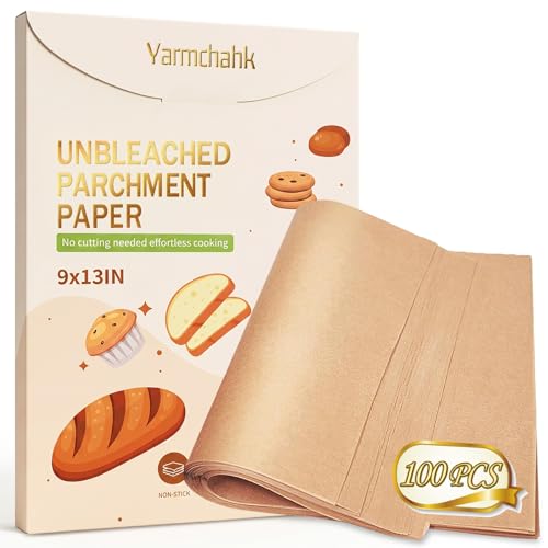 Yarmchahk 100pcs Unbleached Parchment Paper Sheets, 9x13In Precut Cooking Paper Liners for Baking Sheets, Air Fryer, Microwave, Grilling, Oven, Non-Stick,Non-Toxic, Oil Proof, Food Grade