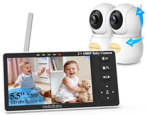 HelloBaby Baby Monitor with 2 Cameras and Night Vision 5.5 Split Screen Dual Baby Monitor with 1080P Baby Camera Pan-Tilt-Zoom No WiFi ECO 2-Way Audio 8 Lullabies 1000ft Range