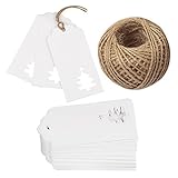 G2PLUS 100 PCS Wrap Tags, White Hollow Christmas Tree Design with 100 Feet Natural Jute Twine Wrapping, Wedding and Party Favor(White)