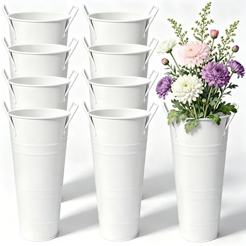 8 Pcs Flower Buckets Bar and Galvanized Flower Bucket with Handles Flower Holder Bucket Bloom Bar Vases White 10 Inch High Floral Buckets for Cut Flower Table Centerpiece