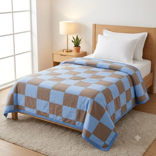 Image of Single Bed Dohar Earthy Blue Checkered | Lightweight Summer Quilt | Soft Microfiber AC Blanket | Breathable All Season Comforter | Skin Friendly Bed Cover