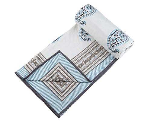 BLOCKS OF INDIA Hand Block Printed Cotton Single Size Reversible Malmal Dohar for Summer (Grey Jaal), 300 TC